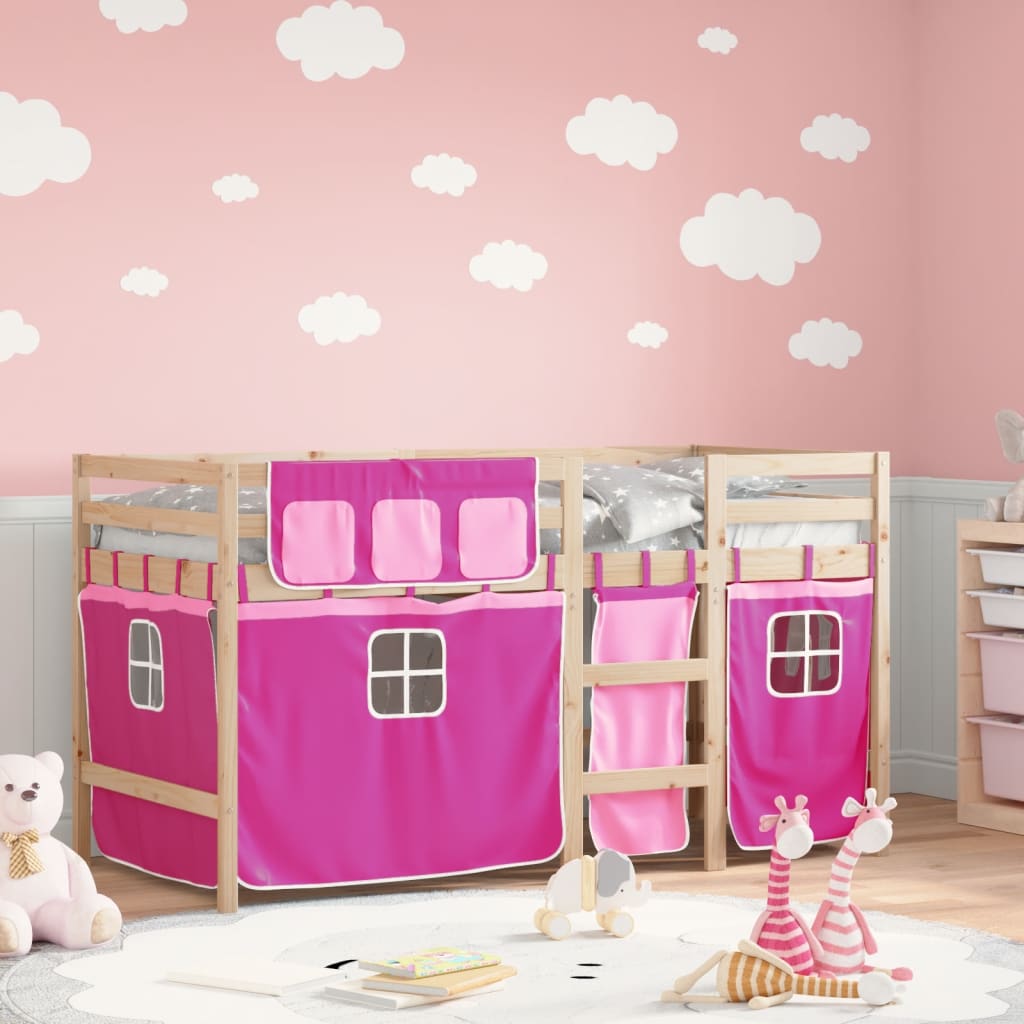 Kids' Loft Bed with Curtains Pink 90x200 cm Solid Wood Pine