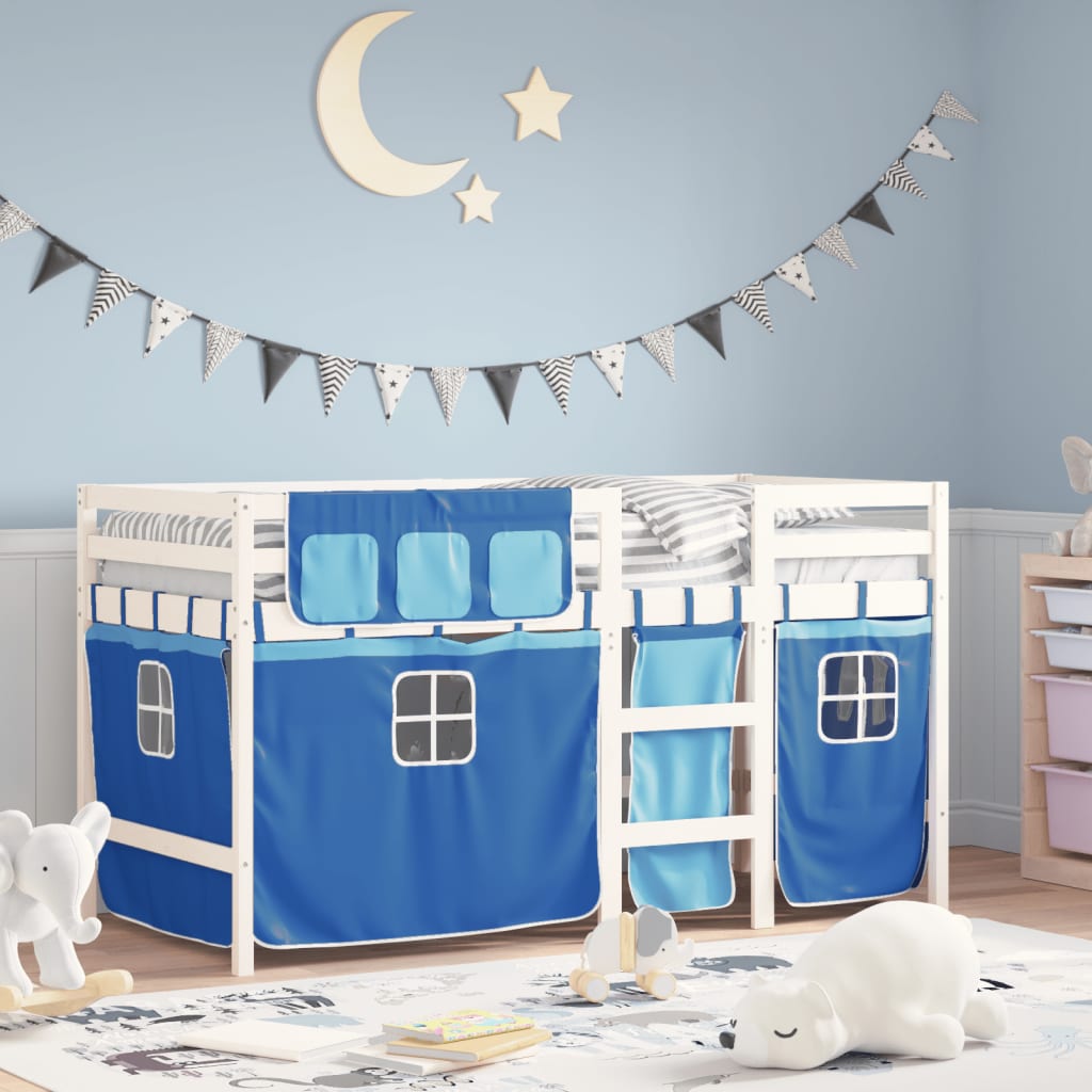 Kids' Loft Bed with Curtains Blue 90x200 cm Solid Wood Pine