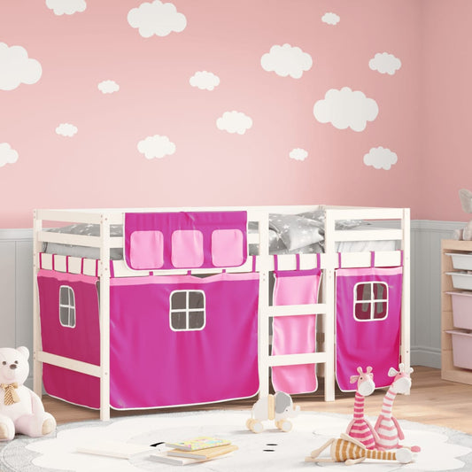 Kids' Loft Bed with Curtains Pink 90x200 cm Solid Wood Pine