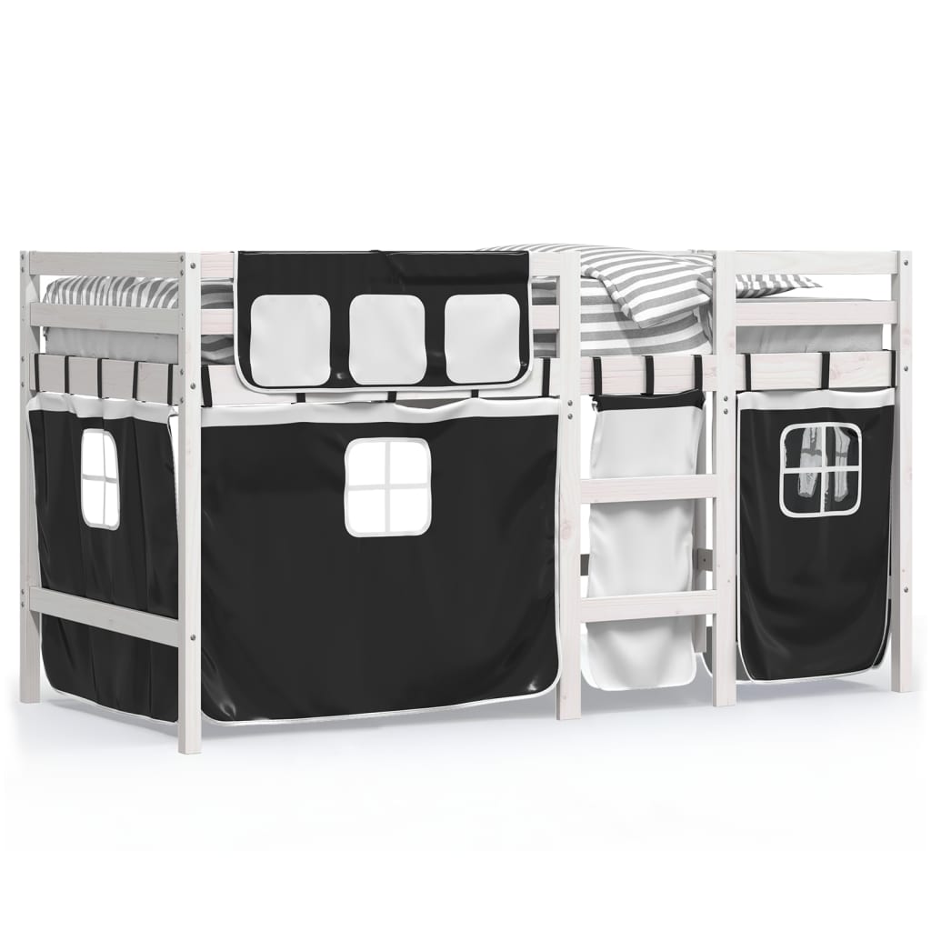 Kids' Loft Bed with Curtains White&Black 90x190 cm Solid Wood Pine