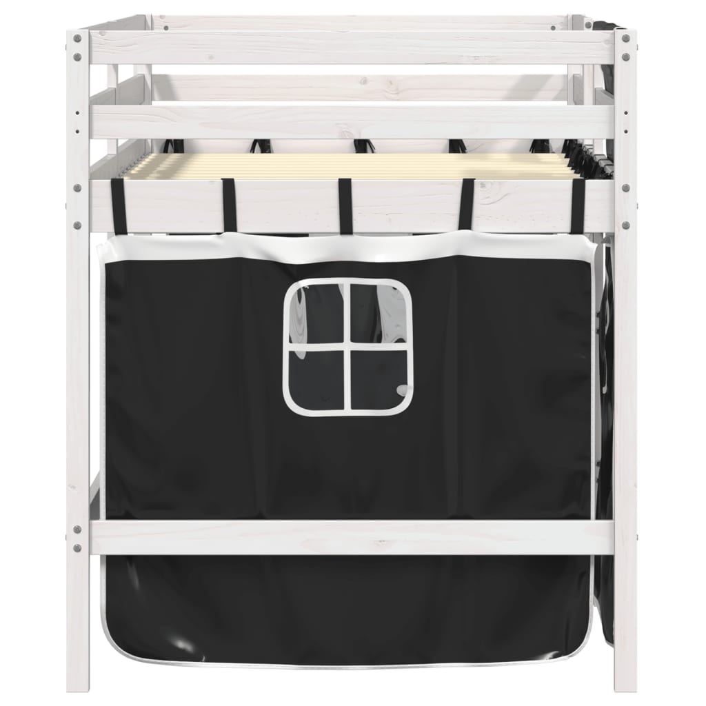 Kids' Loft Bed with Curtains White&Black 90x190 cm Solid Wood Pine