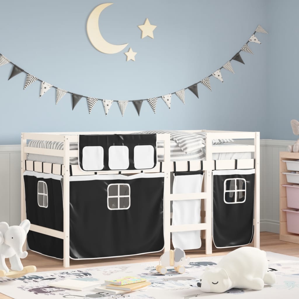 Kids' Loft Bed with Curtains White&Black 90x190 cm Solid Wood Pine