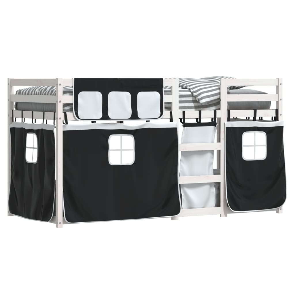 Bunk Bed with Curtains White&Black 90x190 cm Solid Wood Pine