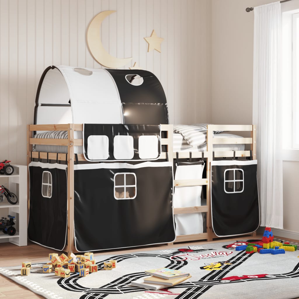 Bunk Bed with Curtains White&Black 90x200 cm Solid Wood Pine