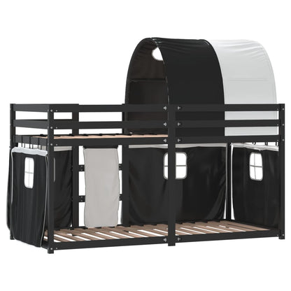 Bunk Bed with Curtains White&Black 90x190 cm Solid Wood Pine