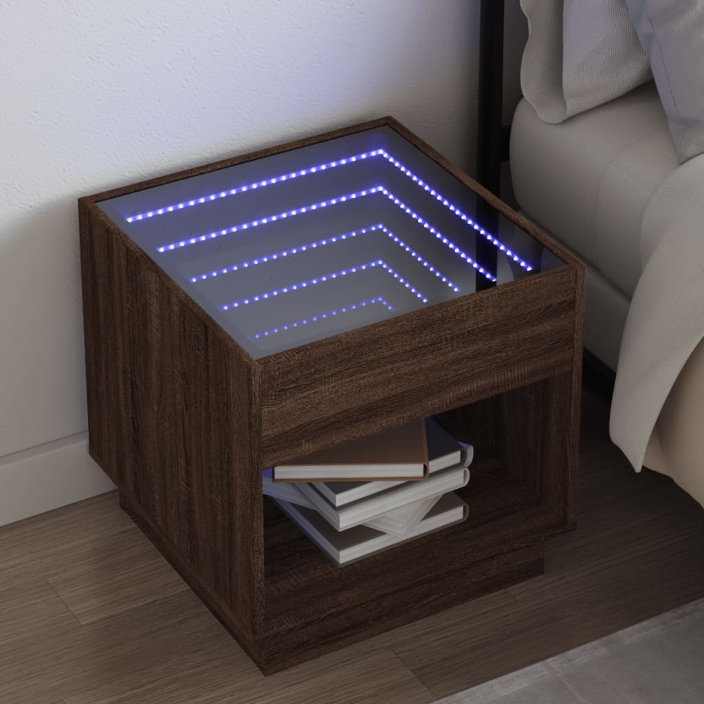 Bedside Table with Infinity LED Brown Oak 50x50x50 cm