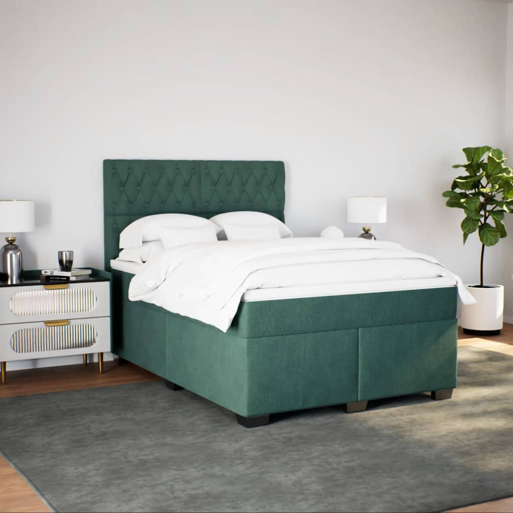 Box Spring Bed with Mattress Dark Green 140x190 cm Velvet