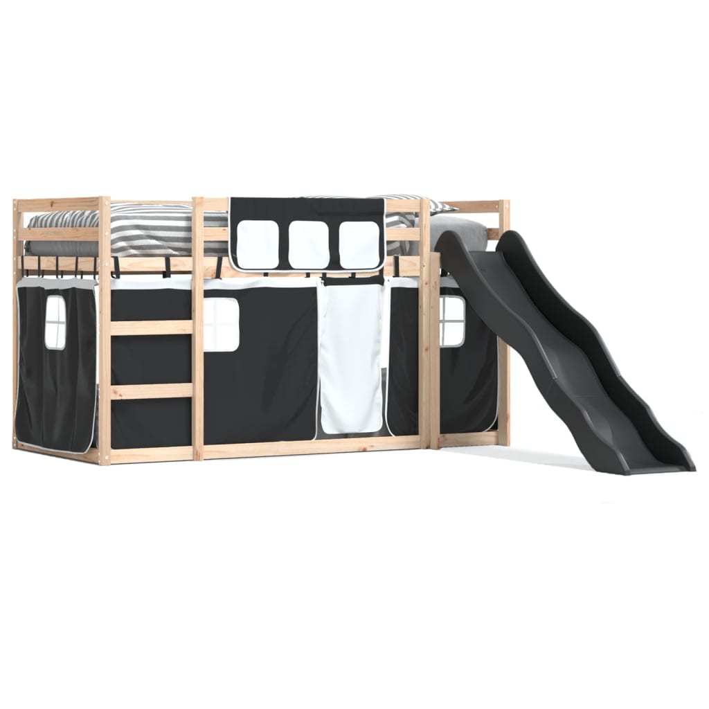 Bunk Bed with Slide and Curtains White and Black 90x190 cm