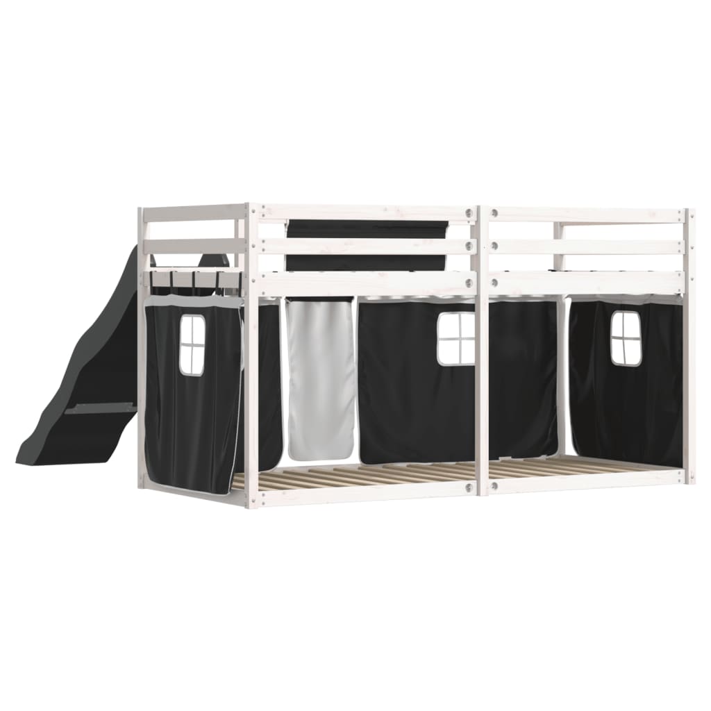 Bunk Bed with Slide and Curtains White and Black 90x190 cm