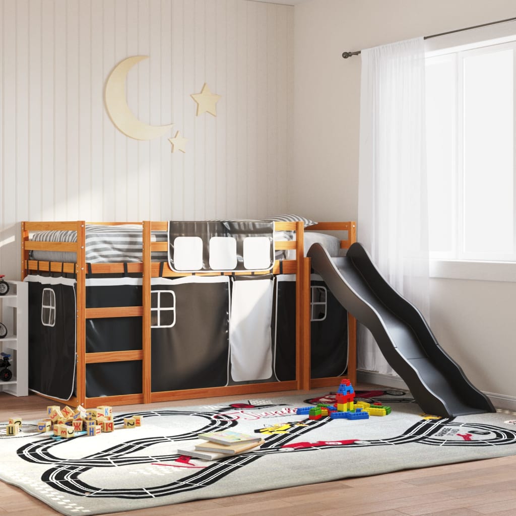 Bunk Bed with Slide and Curtains White and Black 90x190 cm