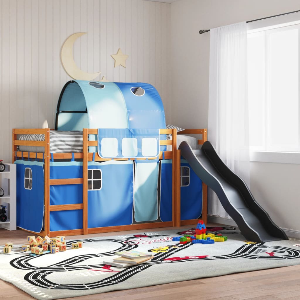 Bunk Bed with Slide and Curtains Blue 90x190 cm