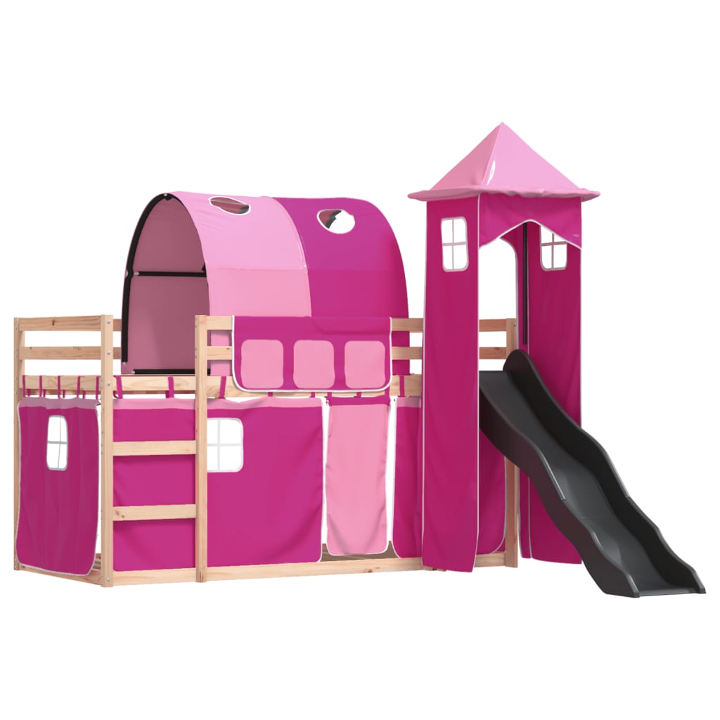 Bunk Bed with Slide and Curtains Pink 90x190 cm