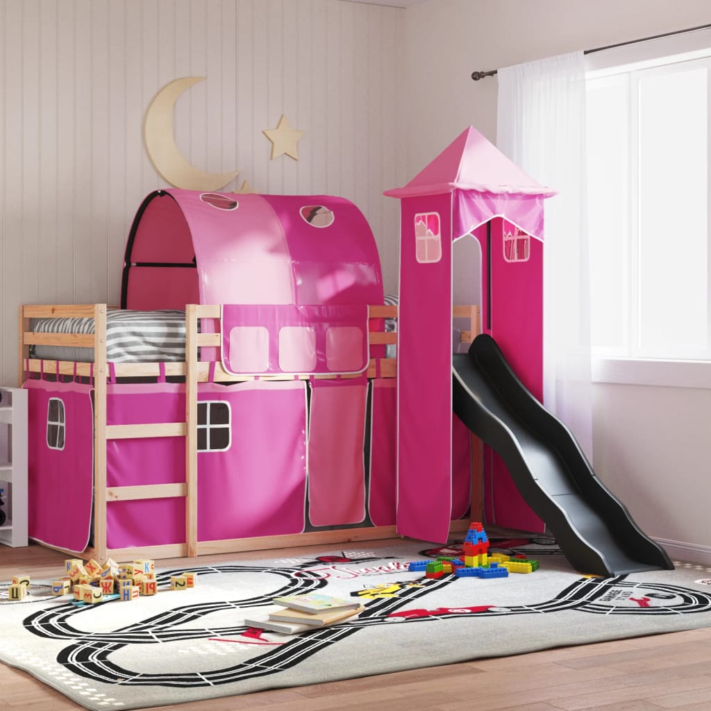 Bunk Bed with Slide and Curtains Pink 90x190 cm