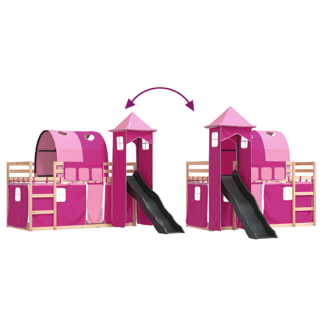 Bunk Bed with Slide and Curtains Pink 90x190 cm