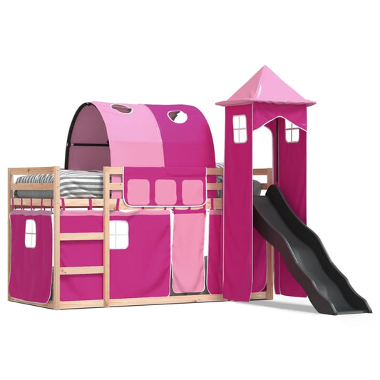 Bunk Bed with Slide and Curtains Pink 90x190 cm