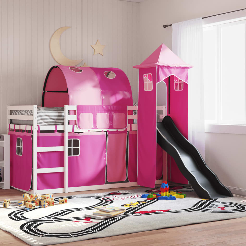 Bunk Bed with Slide and Curtains Pink 90x190 cm