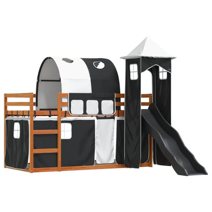 Bunk Bed with Slide and Curtains White and Black 90x190 cm