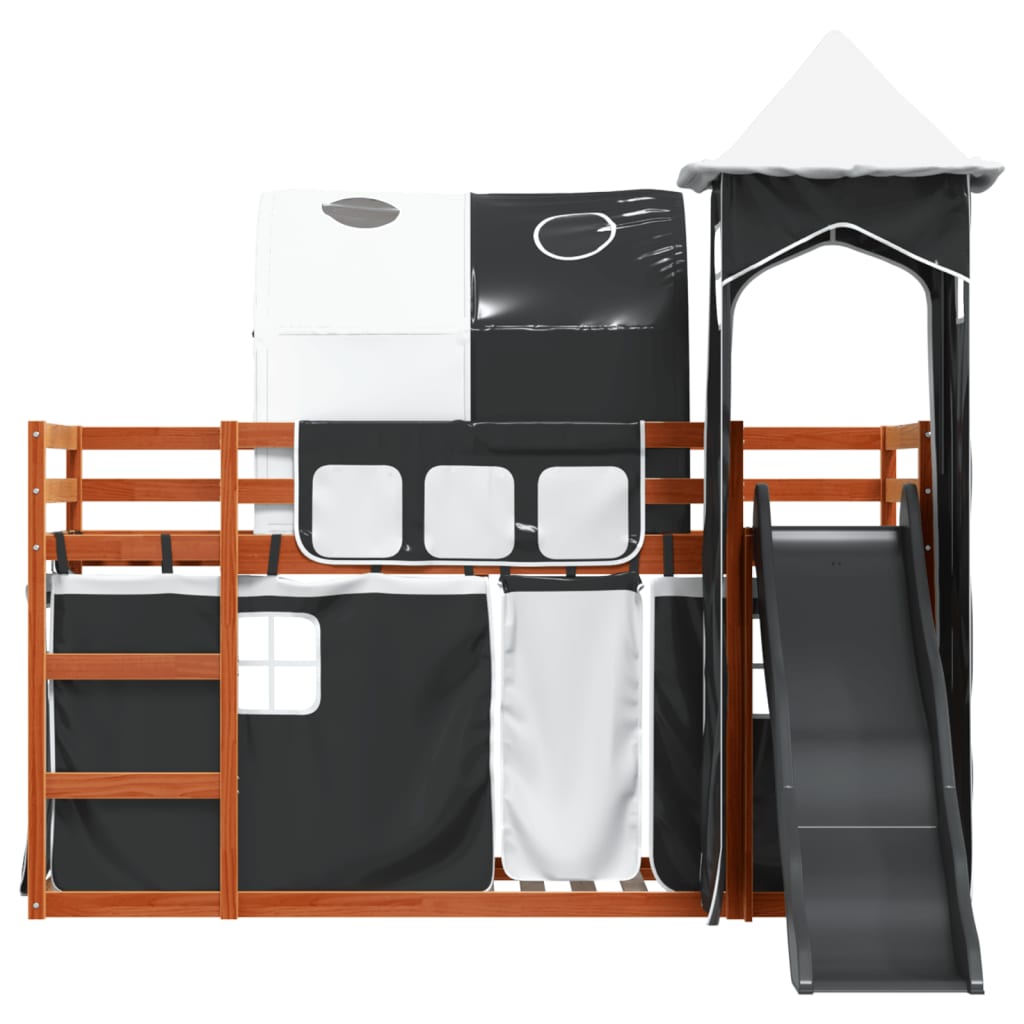 Bunk Bed with Slide and Curtains White and Black 90x190 cm