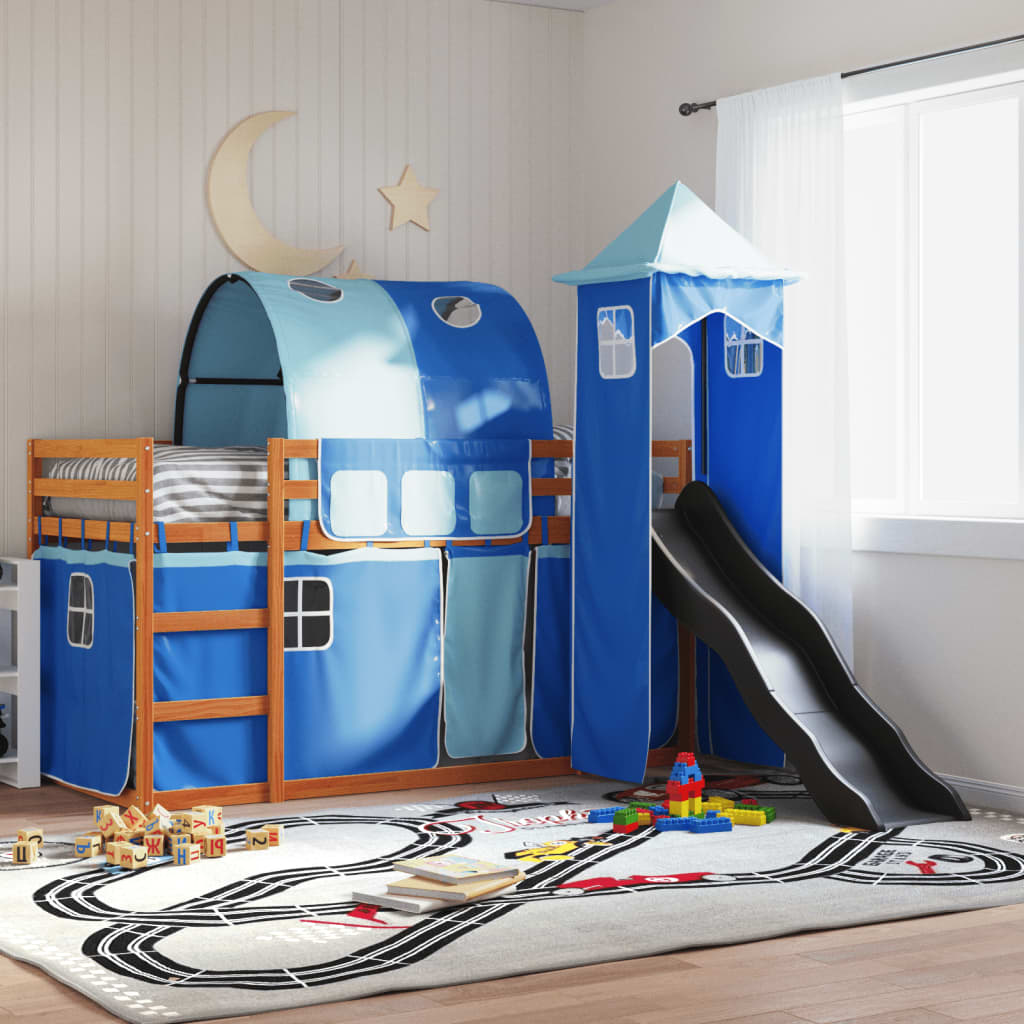 Bunk Bed with Slide and Curtains Blue 90x190 cm