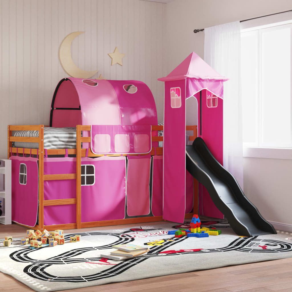 Bunk Bed with Slide and Curtains Pink 90x190 cm