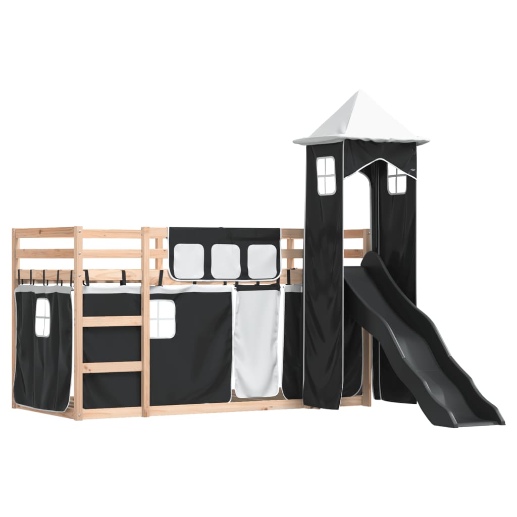 Bunk Bed with Slide and Curtains White and Black 90x190 cm