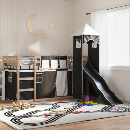 Bunk Bed with Slide and Curtains White and Black 90x190 cm