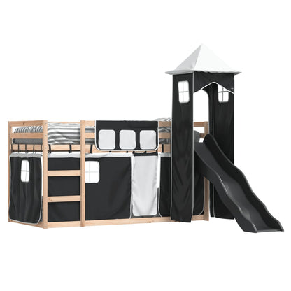 Bunk Bed with Slide and Curtains White and Black 90x190 cm