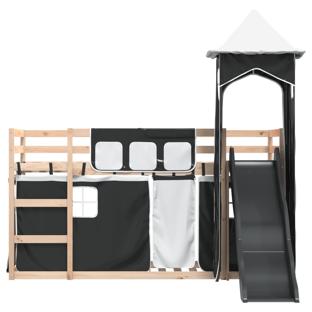 Bunk Bed with Slide and Curtains White and Black 90x190 cm