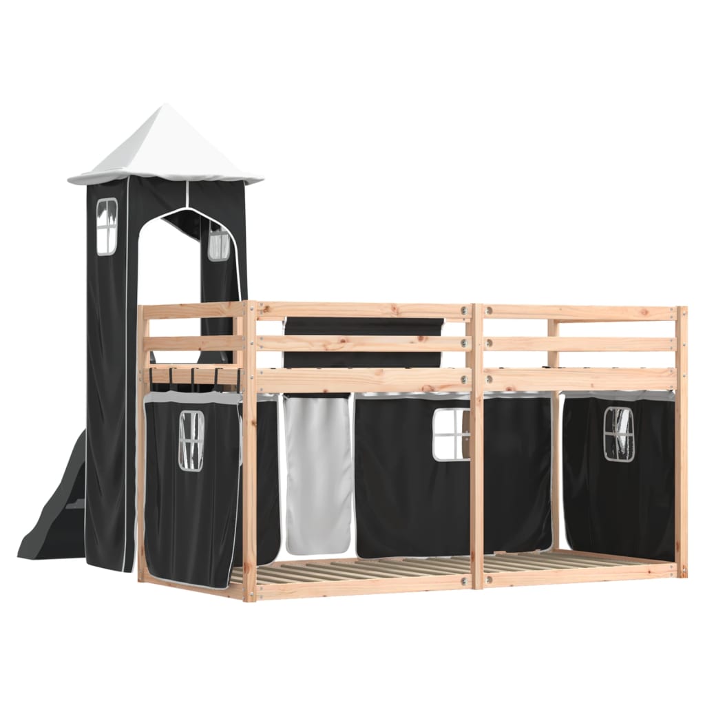 Bunk Bed with Slide and Curtains White and Black 90x190 cm