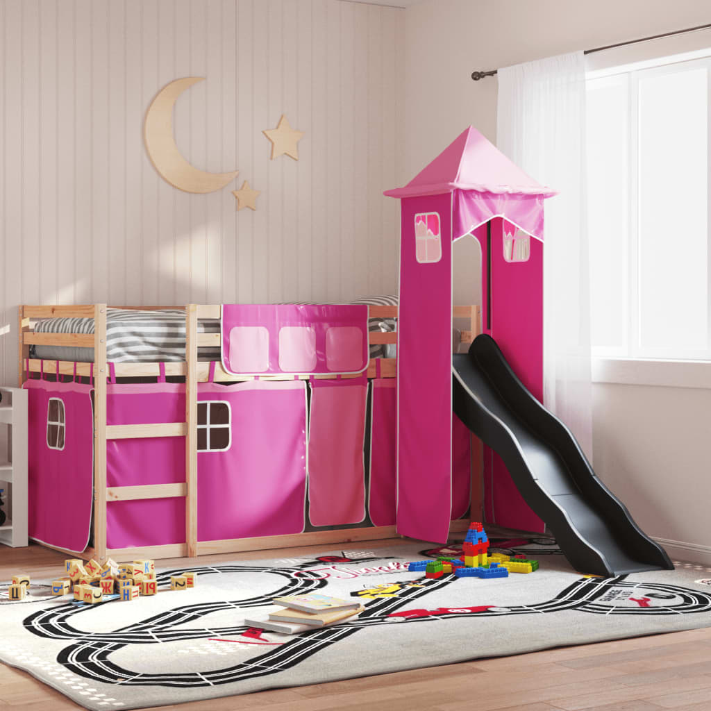 Bunk Bed with Slide and Curtains Pink 90x190 cm