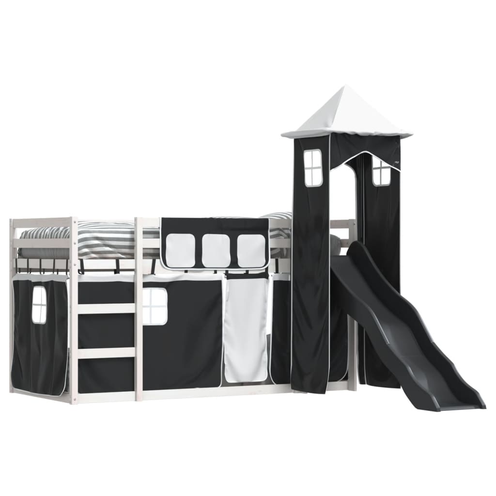 Bunk Bed with Slide and Curtains White and Black 90x190 cm