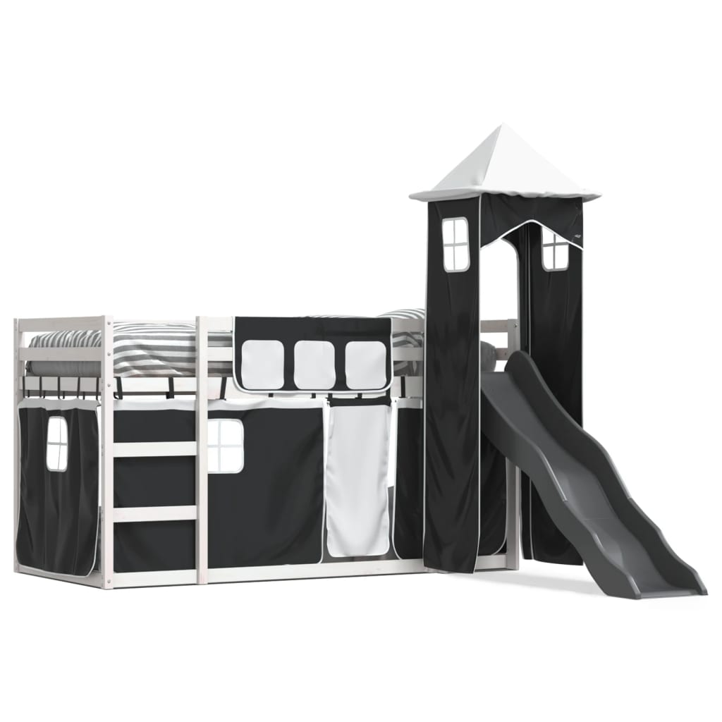 Bunk Bed with Slide and Curtains White and Black 90x190 cm