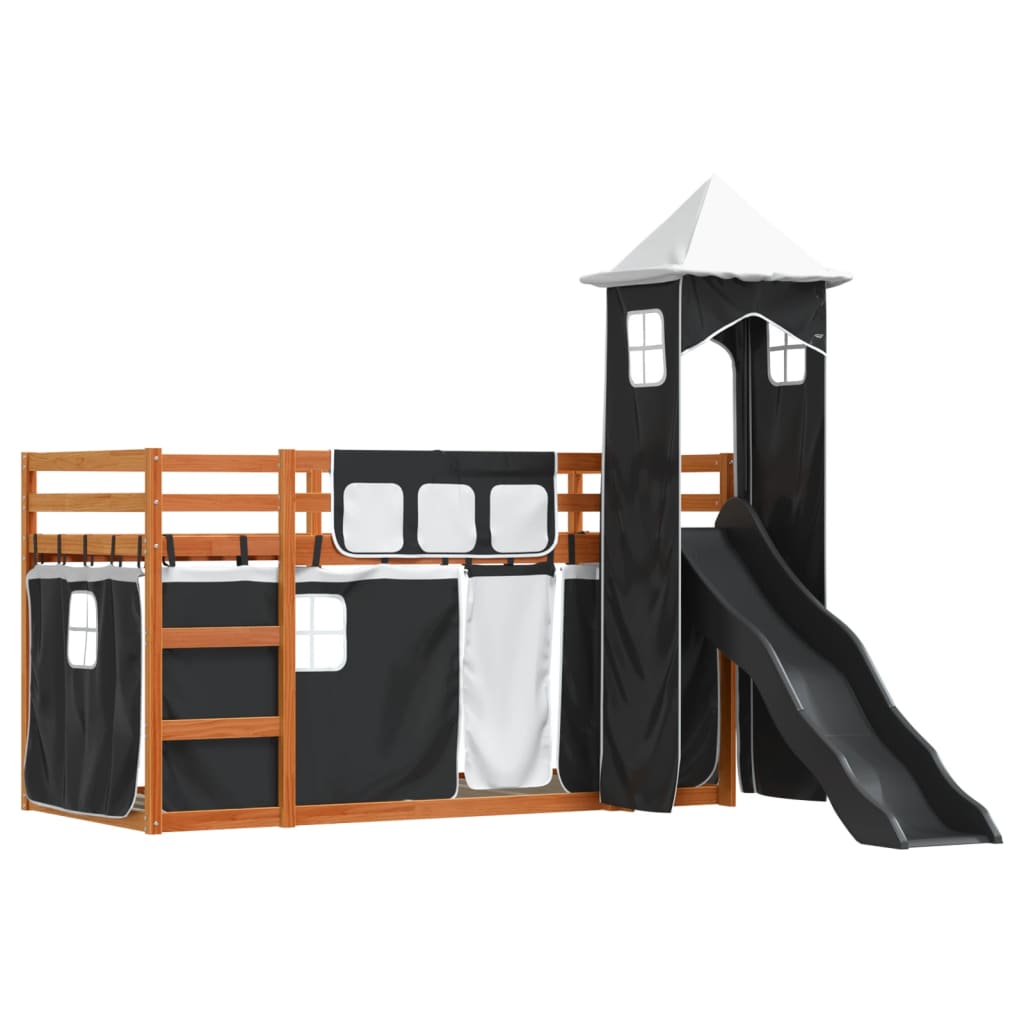 Bunk Bed with Slide and Curtains White and Black 90x190 cm