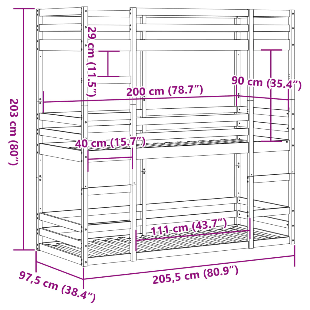 Triple Bunk Bed without Mattress 90x200 cm Solid Wood Pine