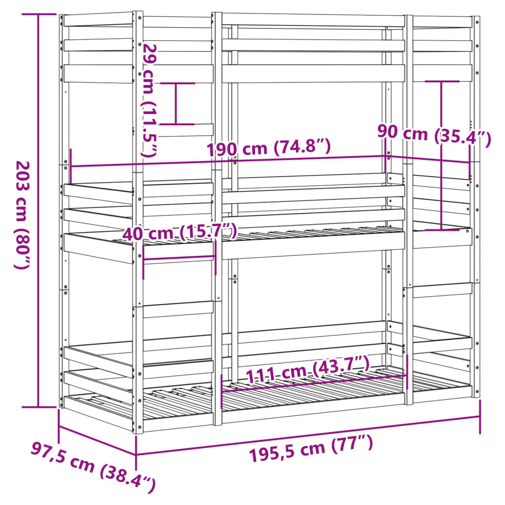 Triple Bunk Bed without Mattress White 90x190 cm Single Solid Wood Pine