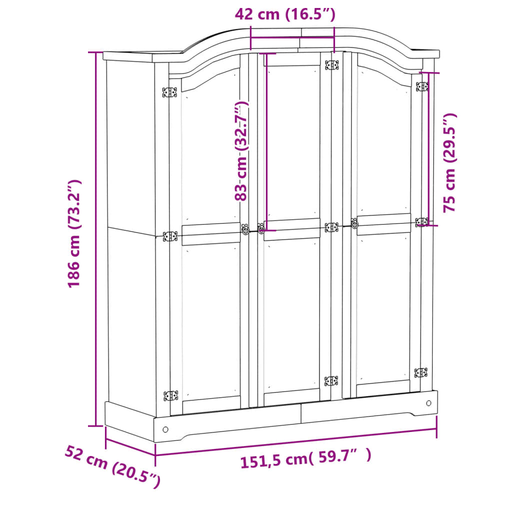 Wardrobe Corona 151.5x52x186 cm Solid Wood Pine