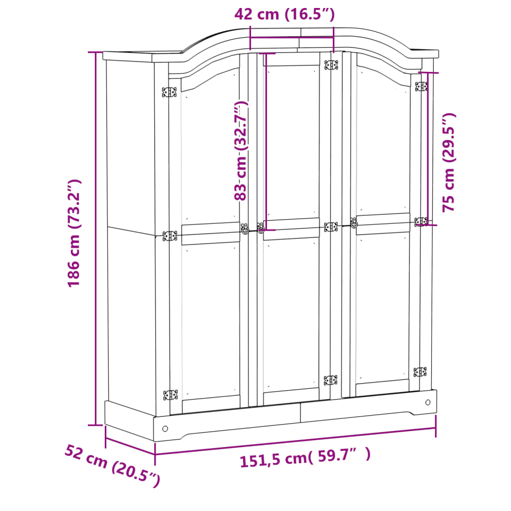 Wardrobe Corona White 151.5x52x186 cm Solid Wood Pine