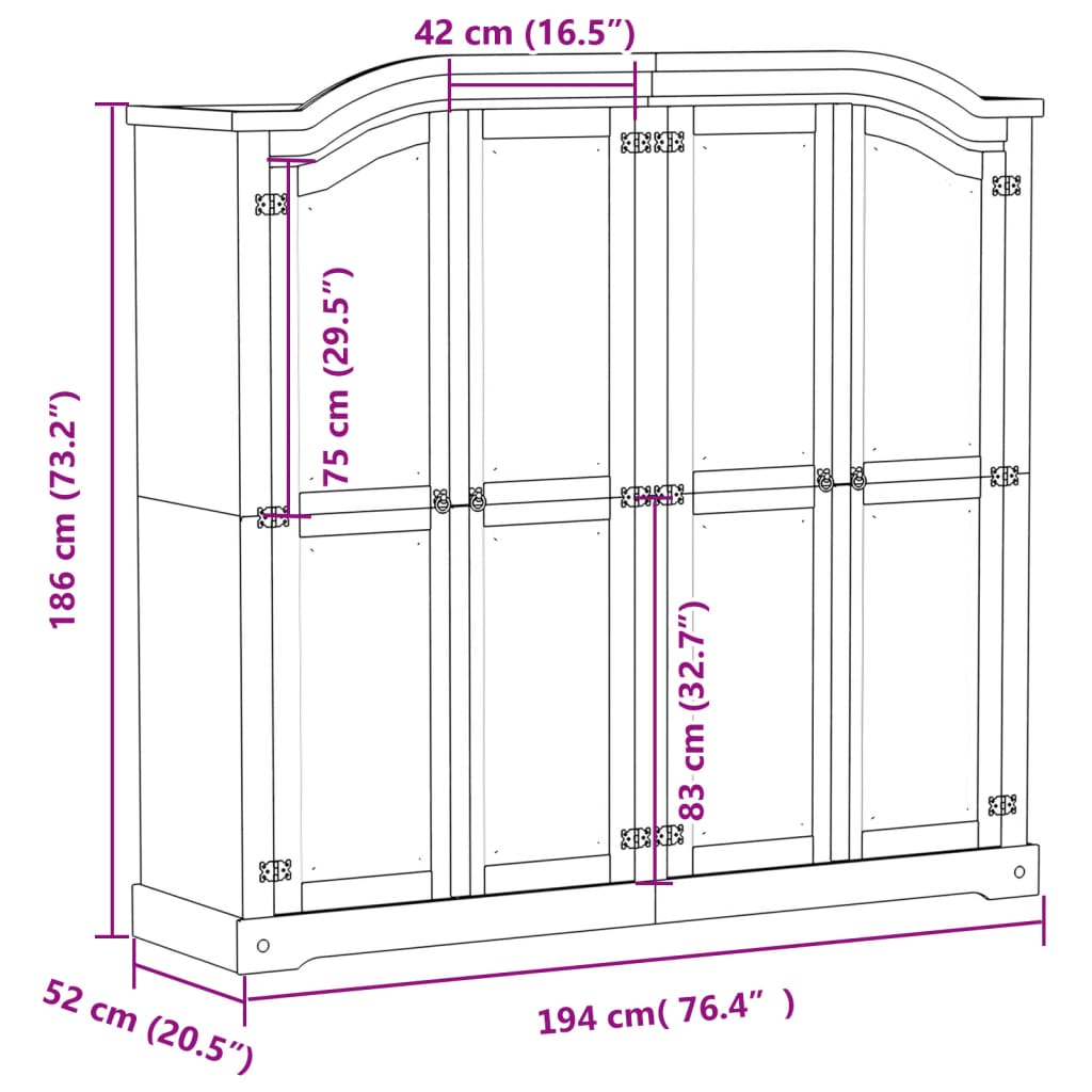 Wardrobe Corona 194x52x186 cm Solid Wood Pine