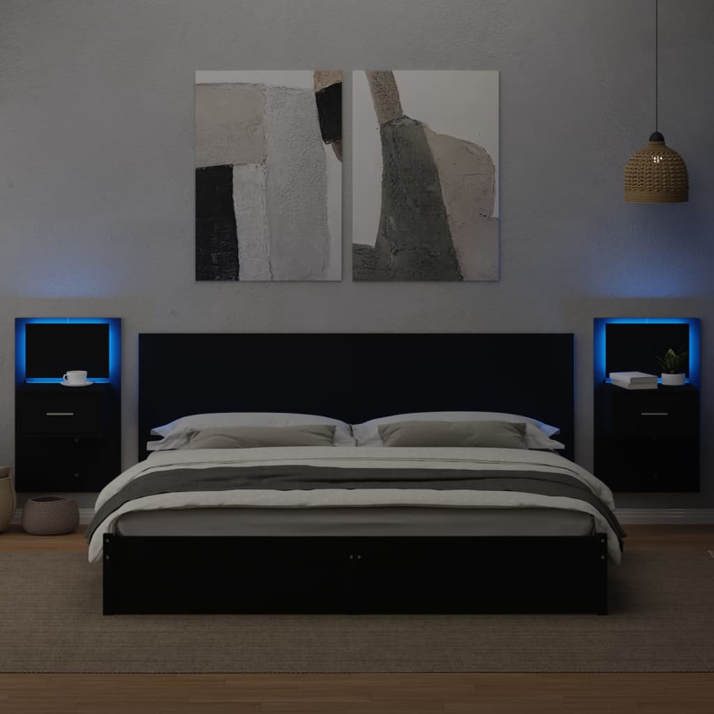 Wall-mounted Bedside Cabinets with LED Lights 2 pcs Black