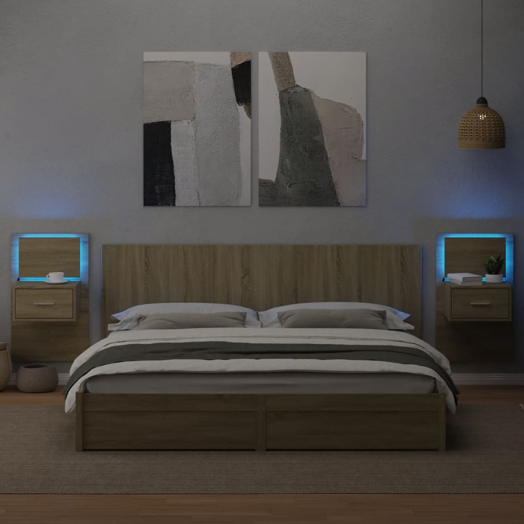 Wall-mounted Bedside Cabinets with LED Lights 2 pcs Sonoma Oak