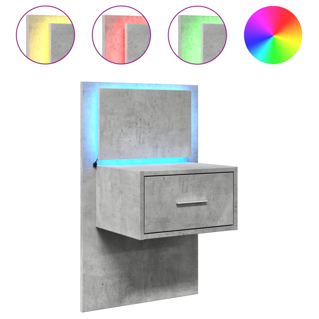 Wall-mounted Bedside Cabinet with LED Lights Concrete Grey