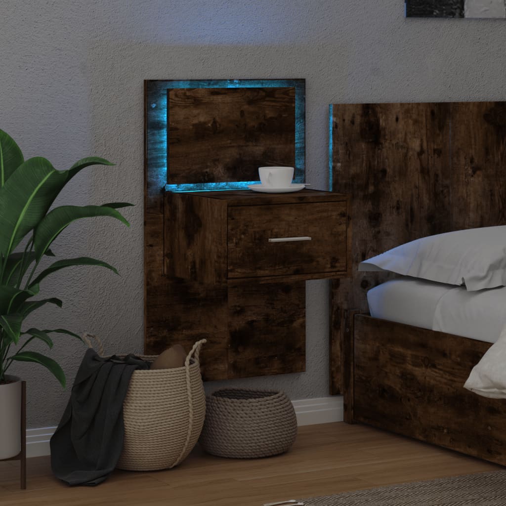 Wall-mounted Bedside Cabinet with LED Lights Smoked Oak