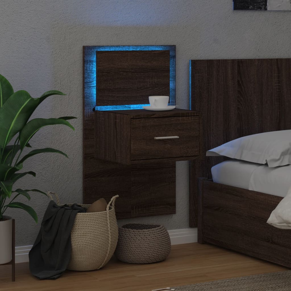 Wall-mounted Bedside Cabinet with LED Lights Brown Oak