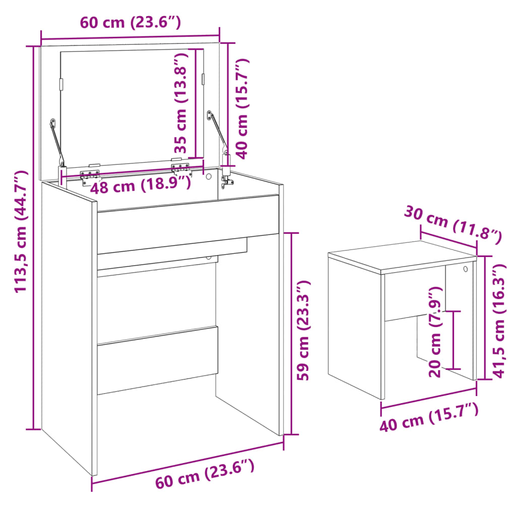 Dressing Table and Stool Smoked Oak 60x40x113.5 cm