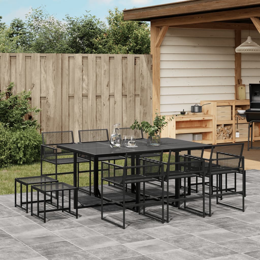 11 Piece Garden Dining Set Black Poly Rattan