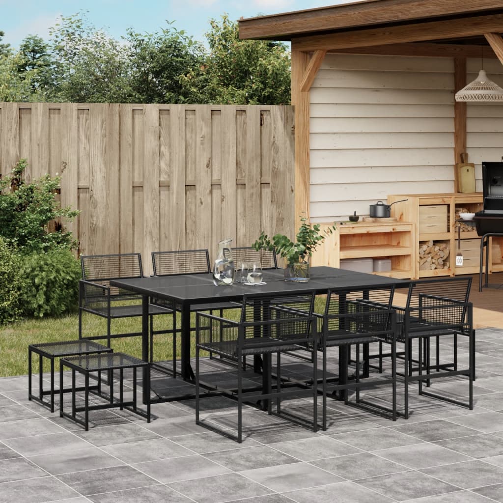 11 Piece Garden Dining Set Black Poly Rattan