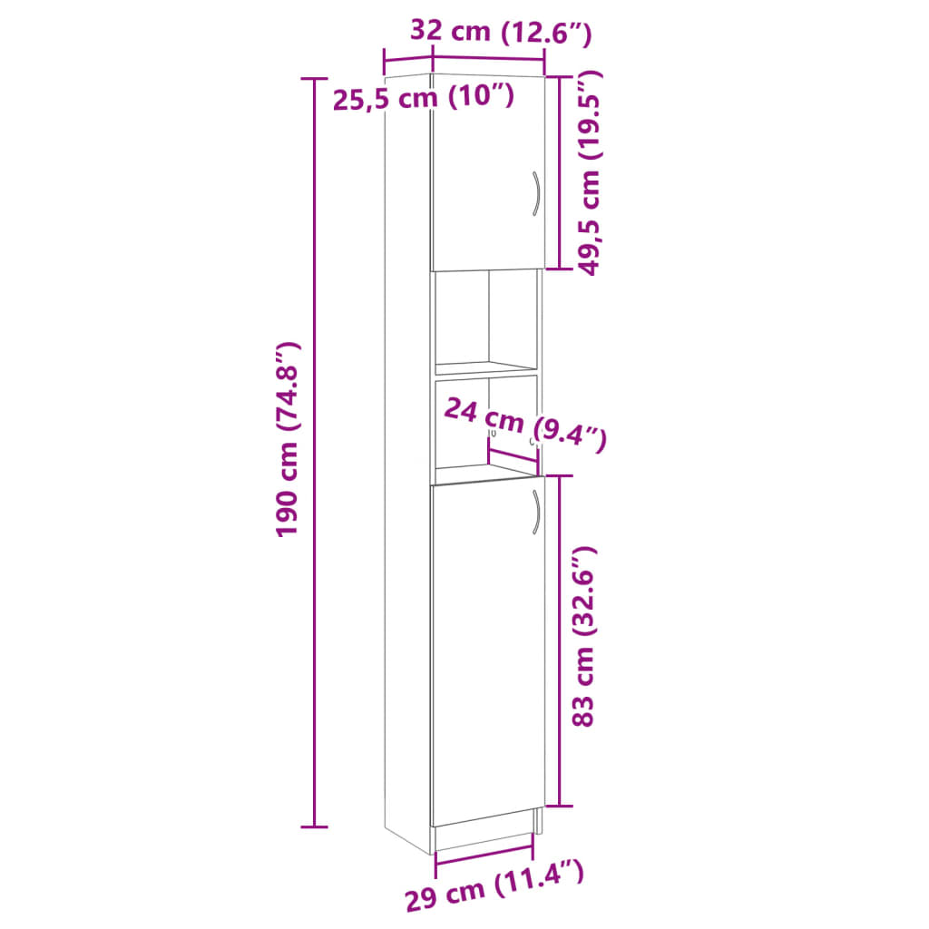 Bathroom Cabinet Sonoma Oak 32x25.5x190 cm Engineered Wood