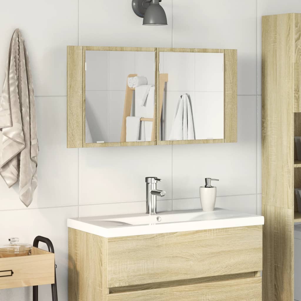 LED Mirror Cabinet Sonoma Oak 90x12x45 cm Engineered Wood