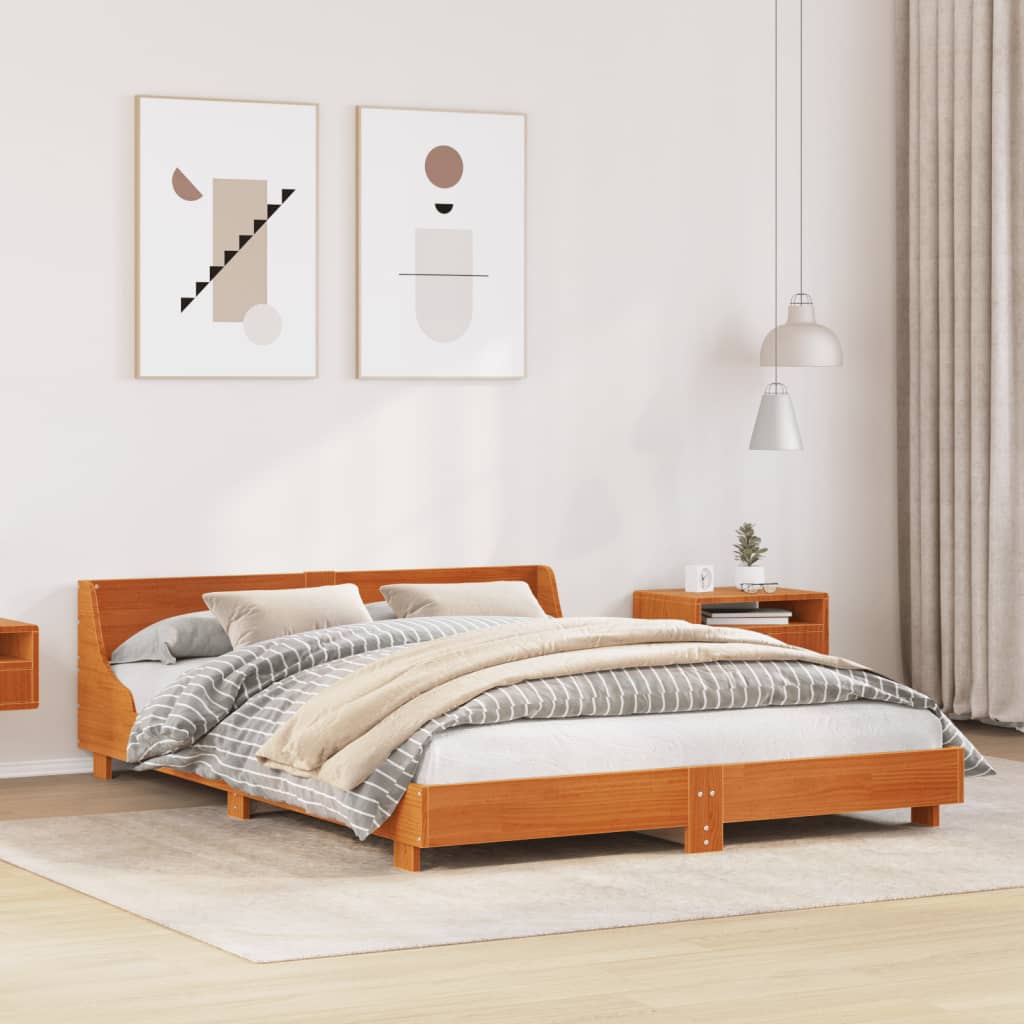 Bed Frame with Headboard Wax Brown 150x200 cm King Size Solid Wood Pine