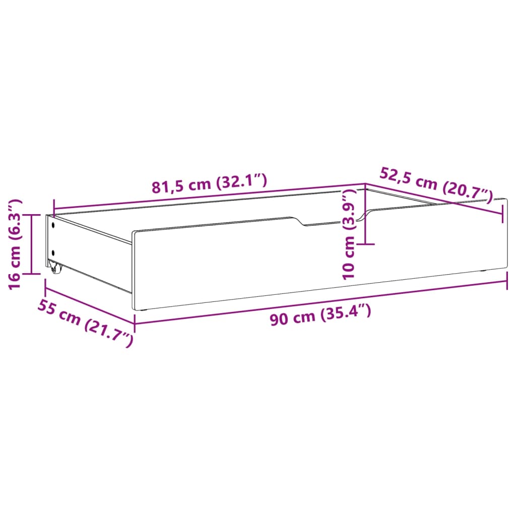 Under-Bed Drawers 2 pcs White 90x55x16 cm Solid Wood Pine